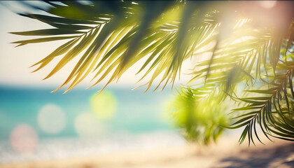 Fototapeta na wymiar Tropical paradise with beach, ocean, palm leaves and boke