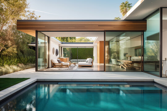 Beautiful open modern design architecture image of home and backyard. Generative AI. 