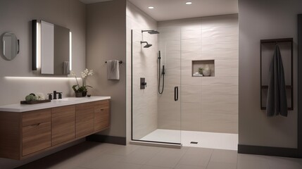 Fototapeta na wymiar Minimalist Modern Bathroom Interior Beige Stone Shower Luxury Design Generative AI
