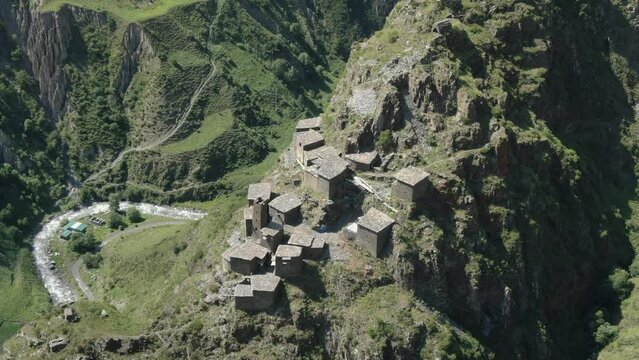 Aerial drone view of historical castle Mutso in Khevsureti, Georgia