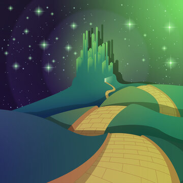 A magical green castle under a starry sky