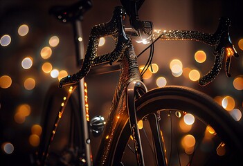 Bike adorned with festive lights. Generative AI