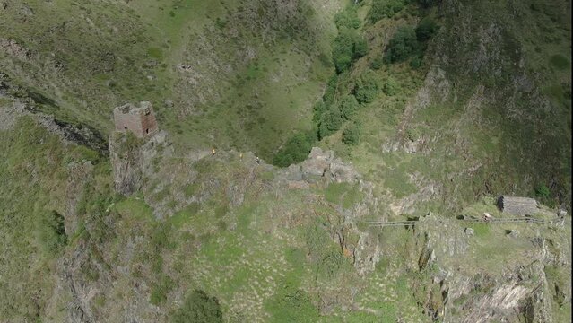Aerial drone view of historical castle Mutso in Khevsureti, Georgia