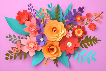 3D flowers illustration, botanical arrangement, festive floral bouquet, paper cut art, bright candy colors, on lilac background. Happy mothers, valentines, womens day holiday concept. Ai generated.