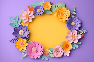 3D flowers wreath illustration, botanical arrangement, festive floral bouquet, paper cut art, bright candy colors. Happy mothers, valentines, womens day holiday concept. Ai generated.