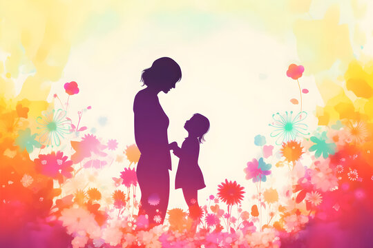 Happy mothers day greeting card illustration of silhouette mom and daughter with flowers in bright colors. Holiday family background concept. Generated ai.