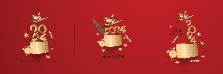 Obraz na płótnie Canvas Happy new year 2024 with 3D gold number and open gift box on red background