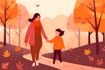 Mother's Day flat illustration with a young mother walks hand in hand with her child in the park, warm colors, bright background. Holiday family concept. Ai generated.