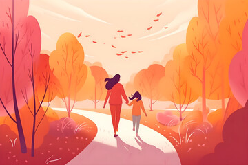 Mother's Day flat illustration with a young mother walks hand in hand with her child in the park, warm colors, bright background. Holiday family concept. Ai generated.