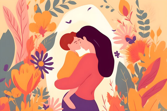 Mother's Day flat illustration with a young mother, hugging her child against the background of flowers, warm colors, bright background. Holiday family concept. Ai generated.