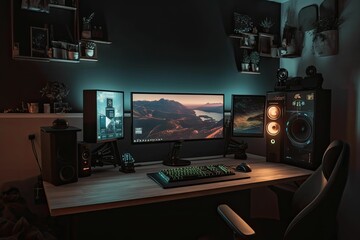 Naklejka premium Behind the Scenes of Pro Gaming: An Insider's Perspective on the Tools and Technology Used by Elite Players at Home, generative ai