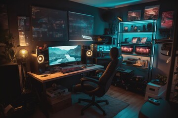 Naklejka premium Inside a Pro Gamer's Lair: A Glimpse at their High-Tech Home Office Setup, generative ai