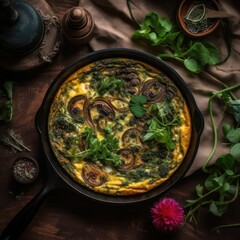 omelette with spinach and herbs in a cast iron skillet on a wooden table. Generative AI