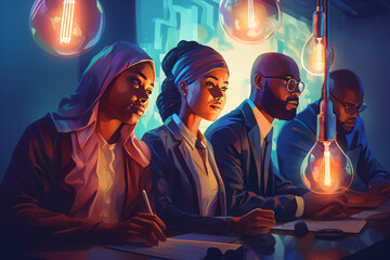 diverse multicultural group of business people meeting, teambuilding concept for efficient collaboration, Painterly futuristic illustration, generative AI