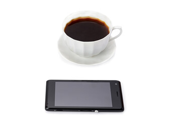 Fototapeta na wymiar A cup of coffee and a mobile phone isolated on a white. Collage. Business concept.