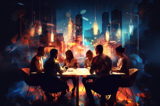 a diverse multicultural group of business people in a conference, meeting or brainstorming session, Painterly futuristic illustration, generative AI