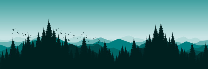 forest silhouette landscape with mountain hill nature environment vector illustration good for good for wallpaper, background, backdrop, banner, and design template