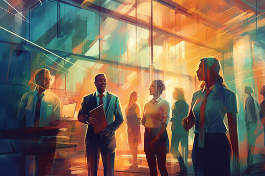 diverse multicultural group of business people meeting, teambuilding concept for efficient collaboration, Painterly futuristic illustration, generative AI