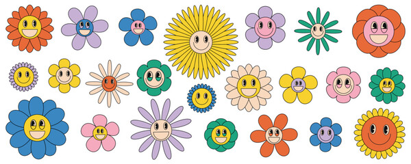 Set Groovy daisy flowers. Retro flowers with a face smile in the cartoon style of the 70s. A set of stickers. smiling in a cartoon style.