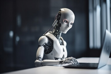 Fototapeta na wymiar AI humanoid robot working in office. AI generated
