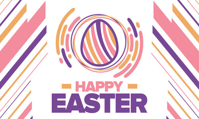Happy Easter in April. Christian spring holiday in honor of the resurrection of Christ. Biblical history. Traditional dyeing eggs with patterns, fun game for children searching for easter eggs. Vector