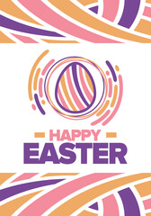 Happy Easter in April. Christian spring holiday in honor of the resurrection of Christ. Biblical history. Traditional dyeing eggs with patterns, fun game for children searching for easter eggs. Vector