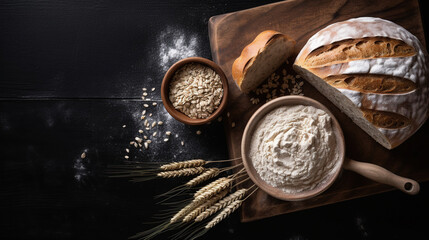 Top view of fresh bread with flour and wheat ears on a dark board. Generative AI