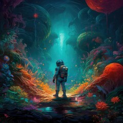 Obraz na płótnie Canvas Astronaut carefully goes to an unknown planet, where the primeval forest is filled with bright and colorful flora. He thoroughly explores every corner, not missing a single detail. Generative AI