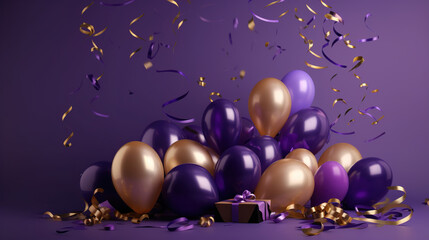 Celebration purple background with purple, gold balloons, gifts and confetti. AI generated