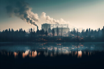 Naklejka premium Factory smoke covering pine forest, double exposure. AI generated