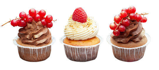 Chcocolate and vanilla cupcakes isolated on white background with fresh berries on top