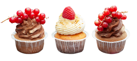 Chcocolate and vanilla cupcakes isolated on white background with fresh berries on top