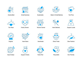 Sustainable and Ethical Handmade Icons.
Artisanal Icons for Sustainable Brands.
Ethical Handmade Icons for Eco-Friendly Brands. Vector Editable stroke.