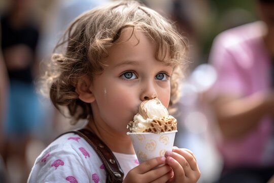 Little girl toddler earing ice cream in outdoors environment. Generative AI
