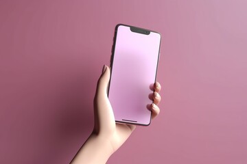 3D render style illustration of hand holding mobile phone over pink background. Generative AI