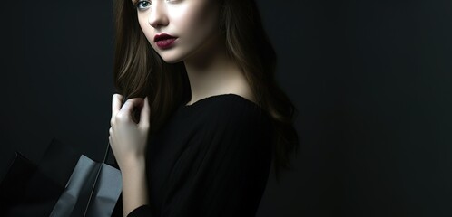 Woman holding black shopping bag over black background with copy space. Black Friday concept. Generative AI