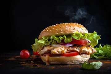 Tasty delicious chicken breast burger over dark background. Generative AI