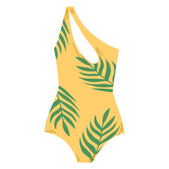 Female one piece swimsuit. Stylish yellow swimwear with green branch palm. Swim clothes with neckline and on one shoulder. Flat hand drawn colorful vector illustration isolated on white background.