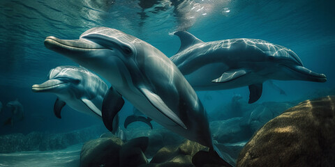 Fototapeta premium Friendly dolphins underwater scene. Marine wild animals illustration. Web banner template. Generated with ai.
