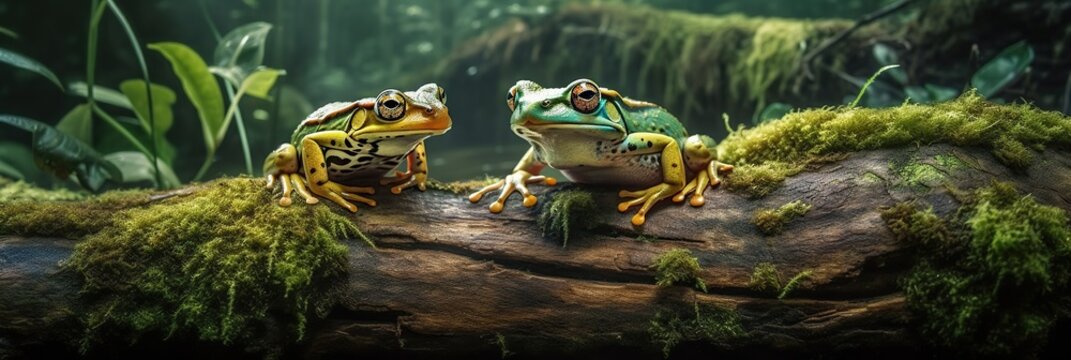 Beautiful header for website about wildlife and nature with beautiful close up exotic frogs sitting on mossy log in tropical forest. Generated with AI.