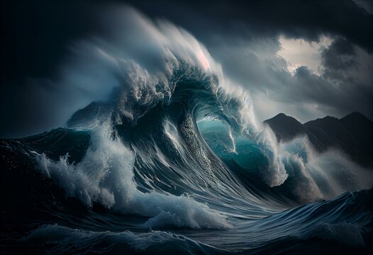 A tumultuous sea with a fierce storm brewing and powerful waves crashing. Generative AI
