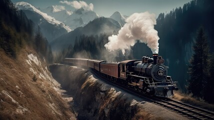 Fototapeta premium A steam train is making its way through the picturesque scenery of the Swiss Alps, providing a scenic and nostalgic travel experience for passengers. Generative AI