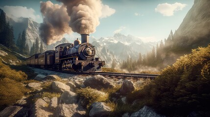 Fototapeta premium A steam train is making its way through the picturesque scenery of the Swiss Alps, providing a scenic and nostalgic travel experience for passengers. Generative AI