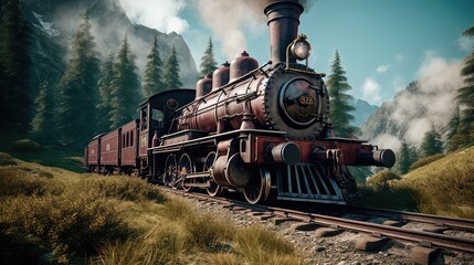 Fototapeta na wymiar A steam train is making its way through the picturesque scenery of the Swiss Alps, providing a scenic and nostalgic travel experience for passengers. Generative AI
