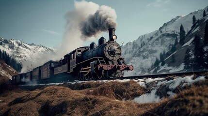 Fototapeta premium A steam train is making its way through the picturesque scenery of the Swiss Alps, providing a scenic and nostalgic travel experience for passengers. Generative AI