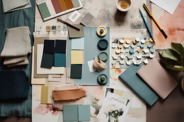 Interior design mood board with fabric and paint swatches. Generative ai
