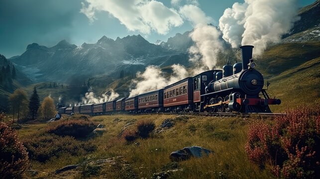 A steam train is making its way through the picturesque scenery of the Swiss Alps, providing a scenic and nostalgic travel experience for passengers. Generative AI