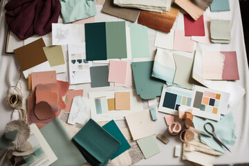 Interior design mood board with fabric and paint swatches. Generative ai