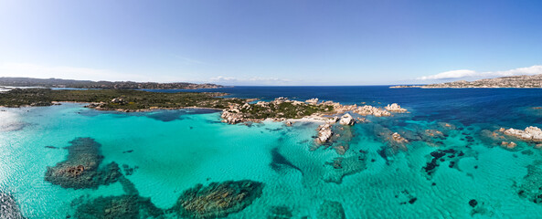 180° Panorama of famous Testa del Polpo Beach in La Maddalena Island, Sardinia, Italy
