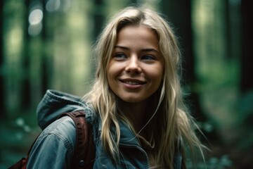 Obraz premium attractive young lady posing in front of a tent in a northern forest. Generative AI